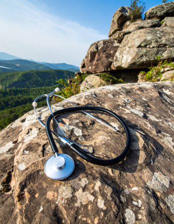 A stethoscope rests on a sun-warmed boulder at a mountain summit, overlooking a vast, green valley. This powerful image symbolizes the intersection of healthcare and the natural world, representing concepts like rural medicine, environmental health, and finding a healthy work-life balance.の素材