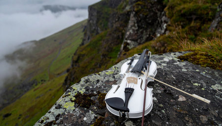 A lone white violin rests on a rugged cliffside, its silent strings holding the promise of a melody as vast and dramatic as the misty mountain landscape below. Its a powerful symbol of creativity inspired by the raw beauty of nature, a moment of quiet contemplation before the music begins.の素材