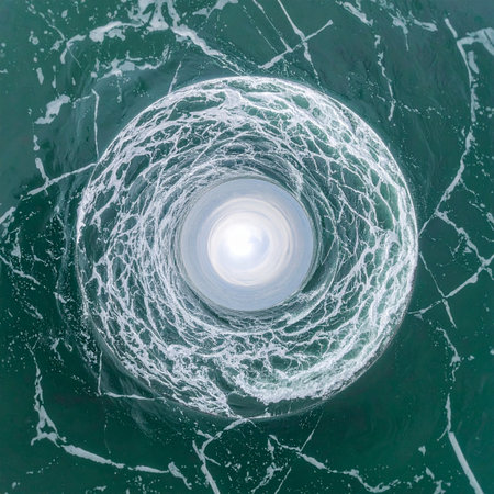 A glowing orb of light emanates from the center of a crackled glass sphere, resting on a cool, green marble surface. This abstract top-down view creates a sense of mystery and tranquility, perfect for concepts of focus, energy, or elegant interior design.の素材