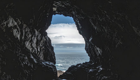 From the cool, dark interior of a rugged sea cave, a stunning view of the ocean opens up, framed by ancient rock. This hidden perspective offers a sense of peace, discovery, and the promise of a new day dawning over the water.の素材