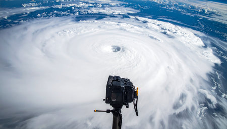From the quiet vantage point of outer space, a camera stands sentinel, documenting the immense and terrifying beauty of a powerful hurricane churning over the planet. This image captures a moment of scientific observation, highlighting the scale of natures forces and humanitys quest to understand them.の素材