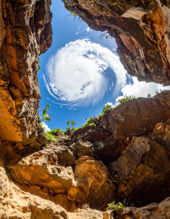 From the depths of a rugged stone canyon, the view upward reveals a breathtaking and ominous spectacle. A powerful vortex of clouds swirls in the blue sky, resembling a hurricane forming directly overhead, evoking a sense of both awe and the immense power of nature.の素材