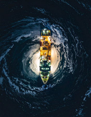 From a dramatic top-down perspective, an illuminated container ship cuts through the dark, swirling ocean at night. This powerful image symbolizes global trade, resilience in the face of challenges, and the relentless journey of commerce across the vast, mysterious sea.の素材