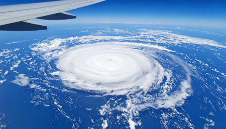Gazing from an airplane window high above the Earth, a breathtaking and humbling perspective unfolds. Below, the immense power of a massive hurricane churns over the deep blue ocean, its perfect spiral and calm eye a stark display of natures beautiful yet terrifying force.の素材