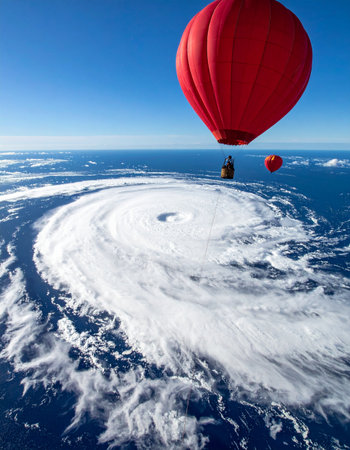In a breathtaking and surreal scene, a vibrant red hot air balloon soars peacefully in the clear blue sky, high above the immense, swirling power of a hurricane over the ocean. This image represents tranquility amidst chaos, a unique perspective on natures power, and the spirit of adventure.の素材