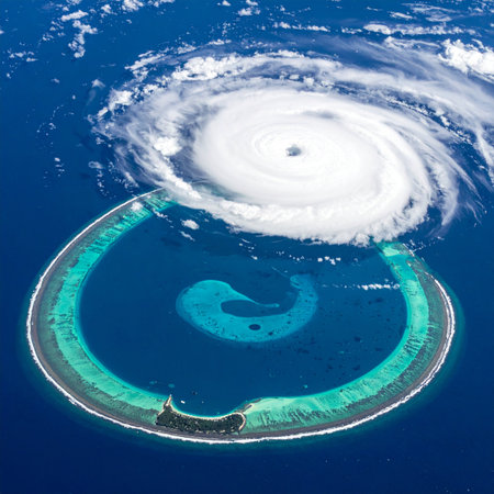 A breathtaking view from orbit captures the immense power of a swirling hurricane as it approaches a tranquil, ring-shaped tropical atoll. This image symbolizes the fragility of paradise in the face of natures might and the growing threat of climate change.の素材