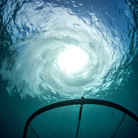From the depths of the ocean, a view from below captures the immense power of a swirling water vortex on the surface. Sunlight pierces through the chaotic spiral, creating a scene of both terrifying beauty and natural wonder, symbolizing immense force and turmoil.の素材