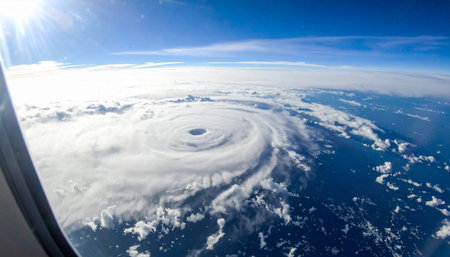From the unique vantage point of a high-altitude flight, the immense and terrifying beauty of a major hurricane is revealed. The perfectly formed eye of the storm offers a moment of calm amidst the swirling chaos, a powerful display of natures force over the vast blue ocean.の素材