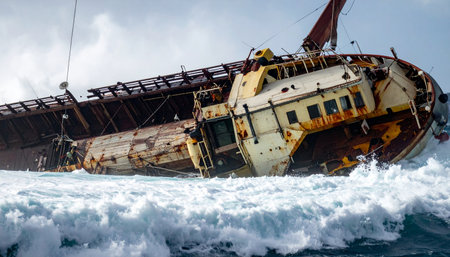 An old, rusty vessel succumbs to the relentless power of the stormy ocean. Half-submerged and battered by powerful waves under a grey sky, the shipwreck is a dramatic symbol of maritime disaster, failure, and the overwhelming force of nature.の素材