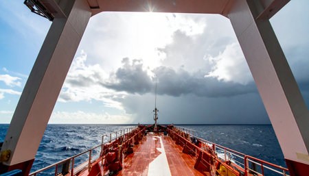 From the deck of a massive cargo ship, the view ahead is a dramatic contrast of light and shadow. The vessel pushes forward through the deep blue sea, navigating directly into an approaching storm, while a hopeful burst of sunlight breaks through the dark, moody clouds, symbolizing perseverance and the journey through adversity.の素材