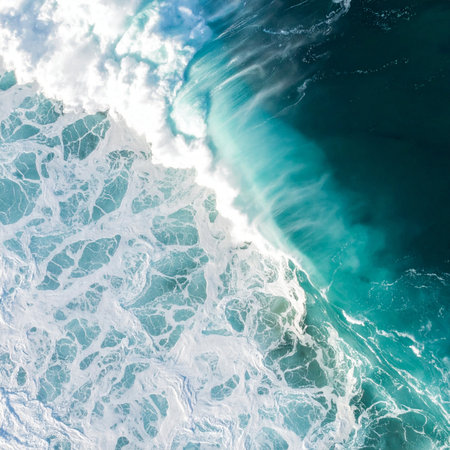 From a breathtaking aerial perspective, a powerful ocean wave curls and breaks, revealing a stunning gradient of deep teal and vibrant turquoise. The churning white foam creates intricate, abstract patterns on the waters surface, capturing the raw, untamed energy and majestic beauty of the sea.の素材