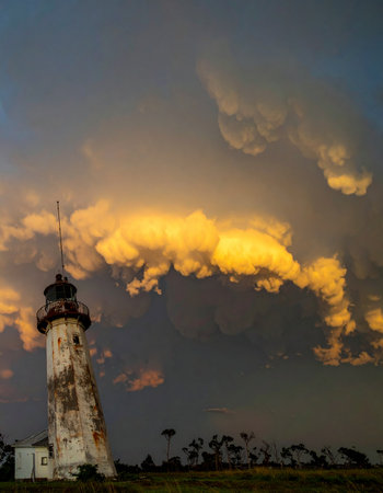 An old, weathered lighthouse stands firm against a dramatic and fiery sunset. The golden light breaking through the dark, stormy clouds symbolizes hope, guidance, and resilience in the face of adversity.の素材