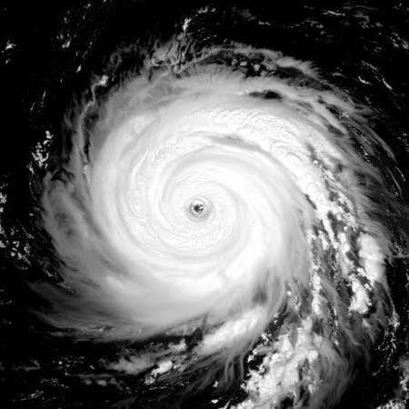 From the silent vantage point of space, a colossal hurricane churns in a powerful vortex. This dramatic black and white satellite image captures the immense scale and organized chaos of nature, with the calm, clear eye at the center of the swirling storm. A compelling visual for meteorology, climate change, and natural disasters.の素材