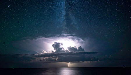 Witness the breathtaking power of nature as a dramatic lightning storm illuminates the night over a calm ocean. Above the turbulent clouds, the serene beauty of the Milky Way stretches across the cosmos, creating a spectacular and awe-inspiring celestial display of raw energy and cosmic wonder.の素材