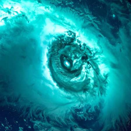 From the quiet vantage point of space, the immense and terrifying beauty of a massive cyclone unfolds. A swirling vortex of turquoise clouds churns over the ocean, a powerful display of natures raw energy and a stark reminder of Earths dynamic climate systems.の素材