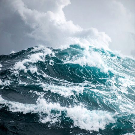 Immense and powerful waves crash and churn in a turbulent ocean under a dramatic, overcast sky. This captivating scene captures the raw, untamed energy of nature, symbolizing immense challenges, overwhelming force, and the awe-inspiring beauty of a storm at sea.の素材