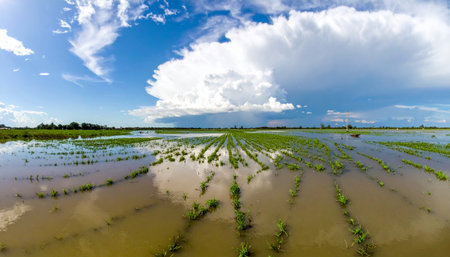 A vast agricultural landscape is submerged under floodwaters following heavy rains. The dramatic, cloudy sky above reflects in the water, highlighting the immense power of nature and the challenges of extreme weather events on farming and food supply.の素材