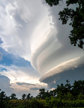 An awe-inspiring and powerful supercell storm cloud dominates the sky, its unique, layered structure illuminated by the setting sun. This dramatic meteorological phenomenon creates a sense of both beauty and impending turbulence over the silhouetted landscape.の素材