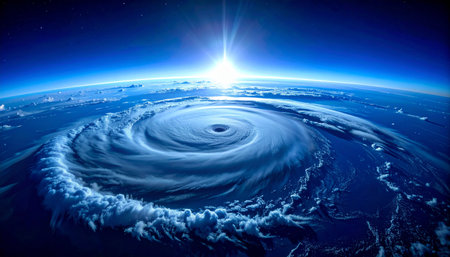From the quiet serenity of orbit, a breathtaking sunrise illuminates the immense and terrifying power of a massive hurricane churning over the deep blue ocean. This awe-inspiring view captures the raw force of nature, a beautiful yet destructive vortex on a global scale, serving as a stark reminder of Earths dynamic and powerful climate systems.の素材