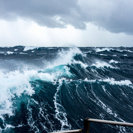 From the relative safety of a ships deck, the immense power of nature is on full display. Huge, turbulent waves crash and churn in a chaotic dance under a dark, stormy sky, evoking a sense of both danger and awe-inspiring adventure on the high seas.の素材