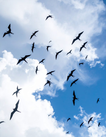 A flock of silhouetted birds gracefully soars across a vast blue sky, their wings catching the wind amidst fluffy white clouds. This image captures a moment of pure freedom, teamwork, and the spirit of a collective journey towards a common destination.の素材