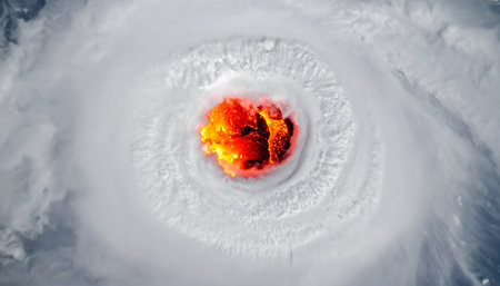 From the quiet vantage point of space, the immense and terrifying beauty of a major hurricane unfolds. The fiery eye, a deceptive calm at the center of a chaotic vortex, serves as a stark reminder of natures raw power and the escalating challenges of a changing global climate.の素材