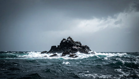 Waves crash with relentless force against a solitary rock formation, a symbol of resilience standing firm in the midst of a turbulent, stormy sea. The dark, overcast sky adds to the dramatic and moody atmosphere, capturing the raw and untamed power of nature.の素材