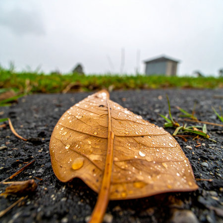 A single brown autumn leaf rests on the damp asphalt, covered in delicate raindrops after a recent shower. The low-angle, macro perspective highlights the intricate details and textures, creating a quiet, melancholic scene about the beauty found in natures cycles and moments of transition.の素材