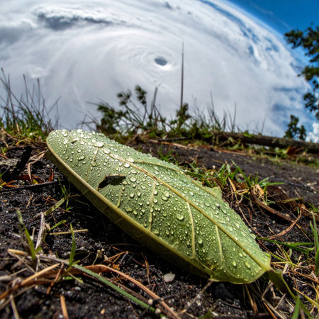 From a ground-level perspective, a single green leaf covered in dew rests peacefully on the earth. In the background, a massive hurricane with a clear eye dominates the sky, signaling an impending weather event. This image captures the quiet fragility of nature against its own immense and destructive power.の素材