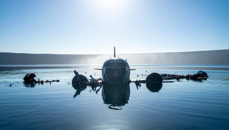 A vintage airplane wreck rests silently in the calm, reflective waters of a remote lake. The morning sun backlights the forgotten aircraft, creating a scene of eerie beauty, mystery, and the enduring power of nature over human creation.の素材