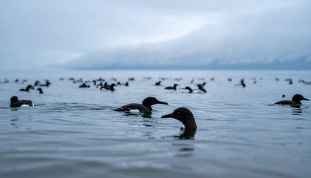 A large flock of seabirds glides silently across the calm, misty waters of a vast lake on an overcast morning. The serene and atmospheric scene captures a moment of peace and tranquility in the wild, as the birds move together through the quiet fog.の素材