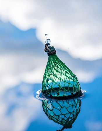 A delicate green net cradles a precious sphere, floating serenely on the waters surface. The calm water perfectly mirrors the vast blue sky and soft clouds, creating a surreal and tranquil scene that speaks to concepts of environmental protection, fragility, and hope for a clean planet.の素材