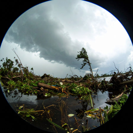 A dramatic fisheye perspective captures the chaotic aftermath of a severe hurricane. Uprooted trees and debris choke the floodwaters under a dark, turbulent sky, illustrating the immense power of nature and the vulnerability of the environment in the face of extreme weather.の素材