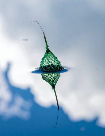 A single green seed pod floats serenely on the still surface of the water, its perfect reflection mirroring a dreamlike, cloud-filled sky. This minimalist and tranquil image evokes a sense of peace, new beginnings, and the quiet potential held within nature.の素材