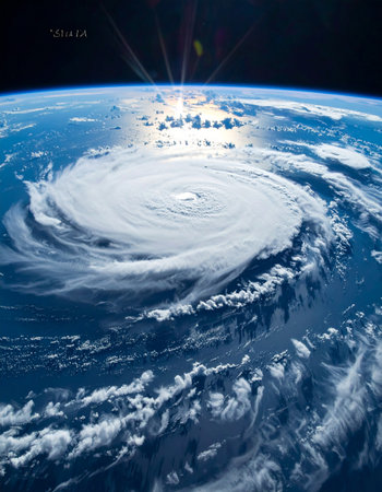 From the silent vantage point of orbit, the sun rises over the Earths curve, illuminating a breathtaking yet terrifying spectacle. A massive hurricane churns over the deep blue ocean, a majestic spiral of immense power. This image captures the raw, untamed force of nature on a planetary scale, a powerful reminder of our worlds dynamic and sometimes destructive beauty.の素材