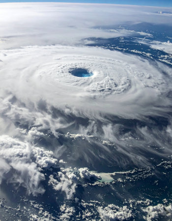 An awe-inspiring view from orbit captures the immense power and scale of a major hurricane. The calm, clear eye stands in stark contrast to the violent, swirling vortex of clouds, a potent symbol of natures force and the challenges of climate change.の素材