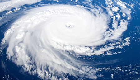 From the quiet serenity of space, a powerful hurricane churns over the deep blue ocean. This satellite view captures the immense and beautiful yet destructive force of nature, a swirling vortex of clouds that represents a major weather event and a stark reminder of Earths dynamic climate.の素材