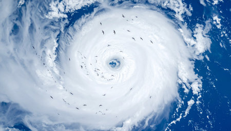 From the quiet vantage point of space, a powerful hurricane churns over the deep blue ocean. The eye of the storm, a calm center in the midst of chaotic, swirling clouds, reveals the raw, untamed force of Earths weather systems. This satellite view captures both the terrifying beauty and immense scale of a major cyclonic event.の素材