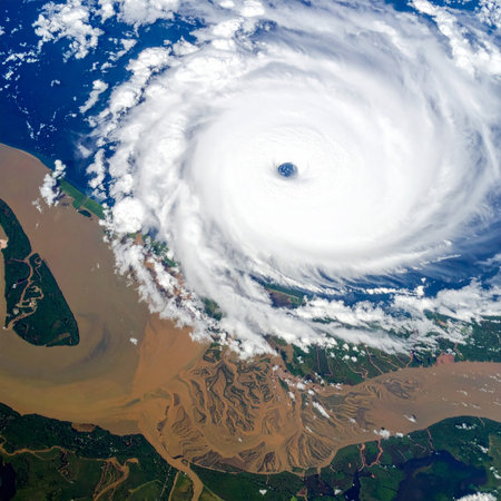 From the quiet serenity of orbit, the immense and terrifying power of a major hurricane is on full display. A swirling vortex of clouds churns above the planet, a stark and beautiful reminder of natures raw force and its profound impact on the Earth below.の素材