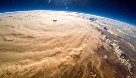 From the silent vantage point of orbit, a colossal dust storm churns across the planets surface. Its immense, swirling clouds of sand and sediment paint a dramatic and apocalyptic scene, highlighting the raw, untamable power of nature on a global scale.の素材