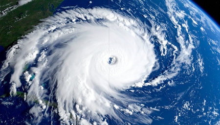 From the serene silence of space, a colossal hurricane churns over the deep blue ocean. This breathtaking yet terrifying view captures the immense power of nature, a stark reminder of Earths dynamic and sometimes destructive forces on a planetary scale.の素材