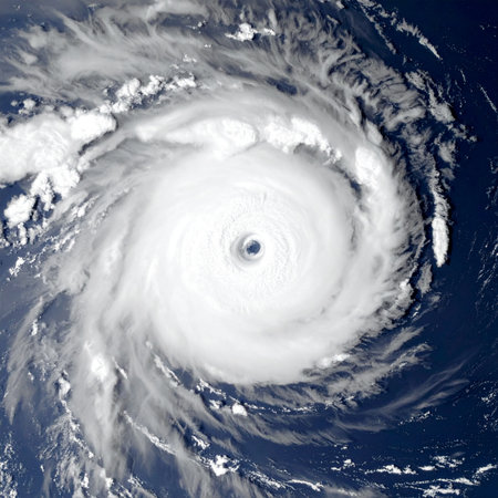 A satellites perspective captures the immense power and terrifying beauty of a massive hurricane churning over the ocean. The perfectly formed eye reveals a calm center within a vortex of destructive energy, illustrating the global scale of weather phenomena and the powerful forces of nature.の素材