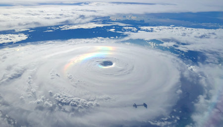 From the quiet vantage point of space, the immense and terrifying beauty of a hurricane unfolds. A massive vortex of swirling clouds churns over the planets surface, its calm, clear eye a stark contrast to the destructive power contained within. This is a breathtaking view of natures raw force on a global scale.の素材
