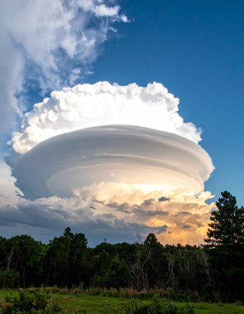 A colossal cumulonimbus cloud, shaped like a giant anvil, dominates the sky during a dramatic sunset. Its immense power and scale are highlighted by the warm, golden light illuminating its base, creating a scene of both breathtaking beauty and ominous natural force over a tranquil forest landscape.の素材