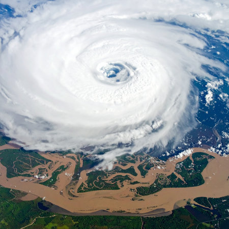 From the silent vantage point of orbit, a colossal hurricane churns with immense power over the planets surface. The storms perfect spiral and calm eye contrast with the imminent threat to the vulnerable coastline and river delta below, showcasing the awesome and destructive force of nature.の素材