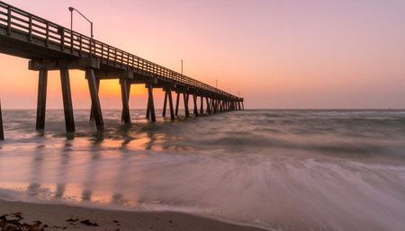 As the day ends, the sky blushes with soft pastel colors over a tranquil sea. A long wooden pier stretches towards the horizon, offering a path to quiet contemplation and peaceful solitude. The gentle motion of the waves on the shore creates a sense of calm and escape.の素材