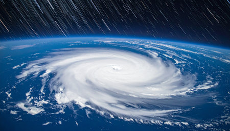 From the quiet stillness of orbit, a colossal hurricane churns over the deep blue ocean. This awe-inspiring perspective captures the immense power and terrifying beauty of natures fury, a dramatic display of atmospheric forces on a planetary scale, set against a backdrop of streaking stars.の素材