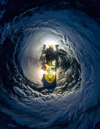 An illuminated ship bravely navigates through the calm, eerie center of a furious hurricane at night. This dramatic top-down view captures a moment of intense isolation and resilience, symbolizing the struggle against overwhelming natural forces and the perilous journey through chaos.の素材