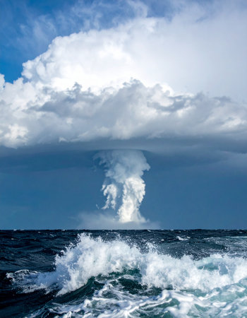 From the depths of the turbulent ocean, a powerful submarine volcano explodes, sending a massive plume of ash and steam high into the atmosphere. This dramatic and awe-inspiring display captures the raw, untamed force of nature, showcasing a moment of both destruction and creation on a planetary scale.の素材