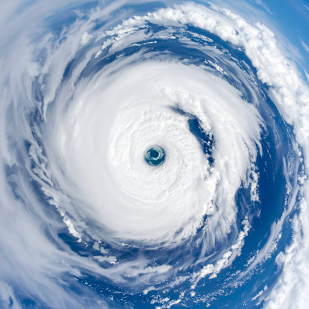 From the quiet vantage point of space, a powerful hurricane churns over the deep blue ocean. The immense spiral of clouds converges on the calm, clear eye, showcasing the beautiful yet destructive force of nature and serving as a stark reminder of Earths dynamic climate.の素材